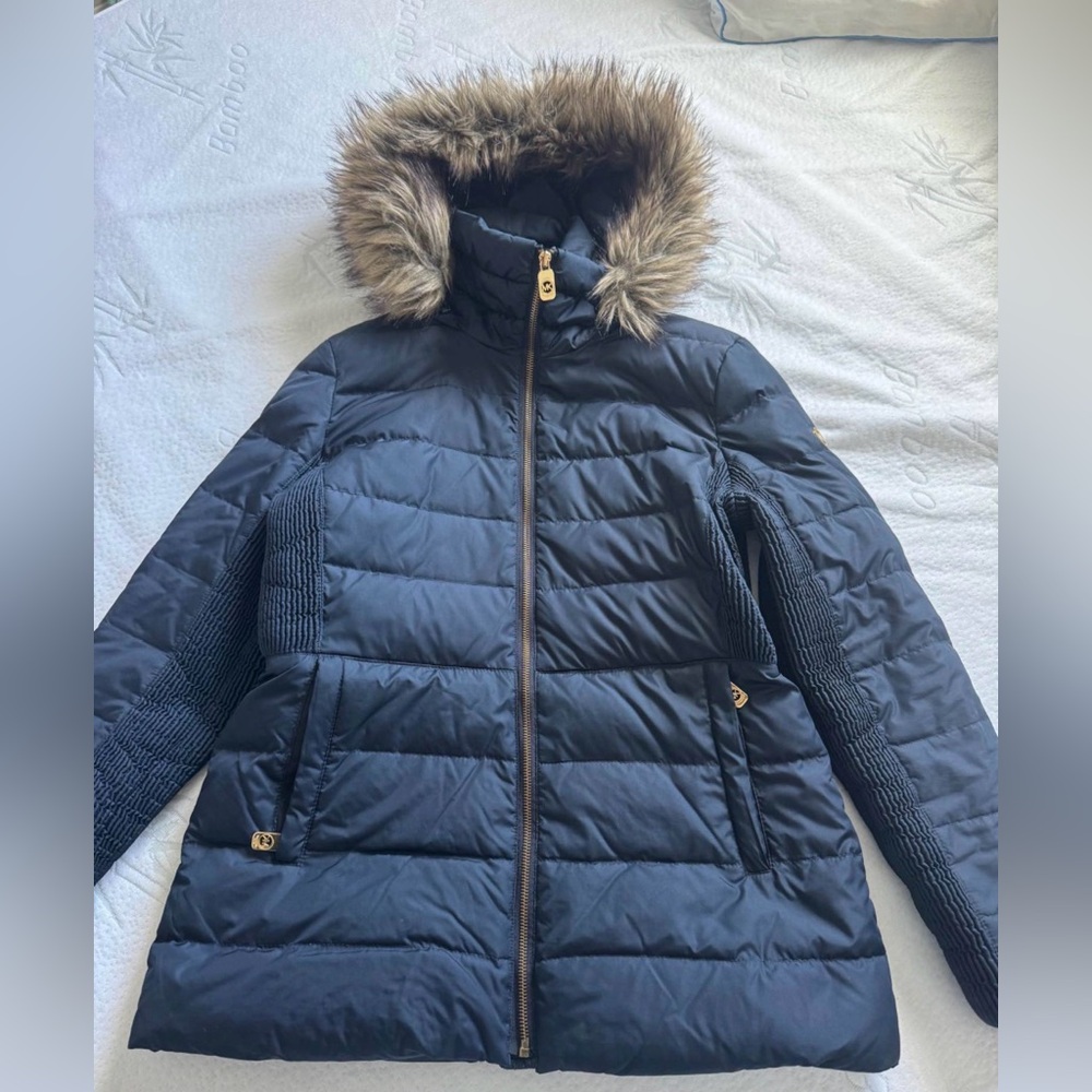 Michael Kors Navy Quilted Puffer Coat with Faux Fur Trim